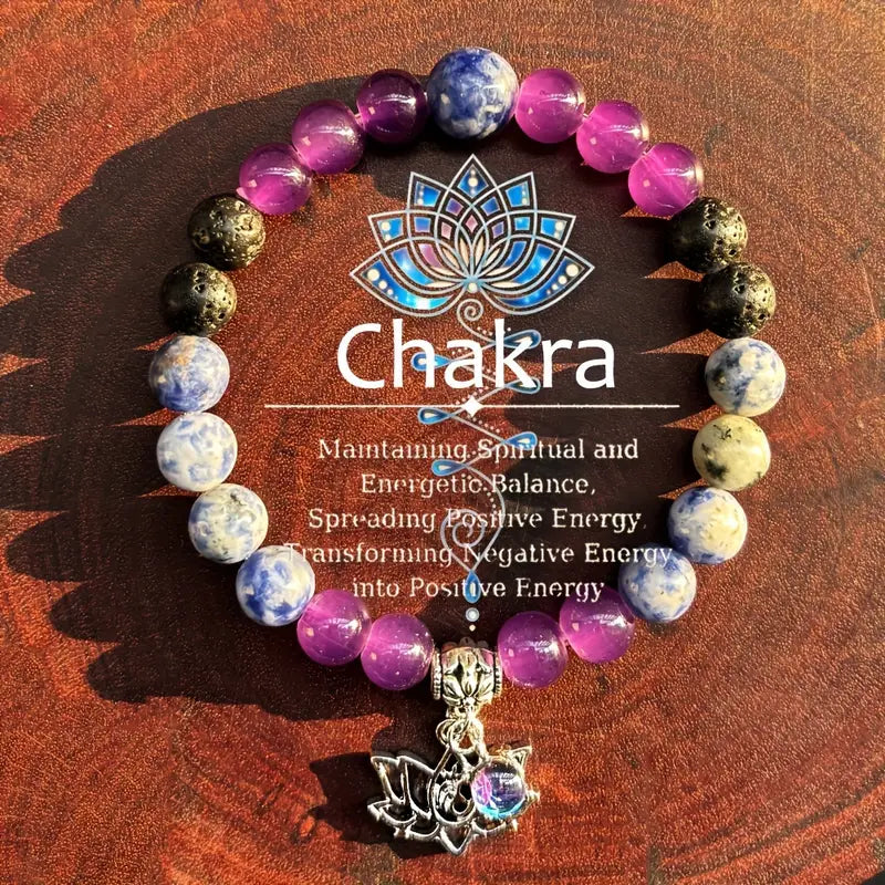 Pulsera Bohemia con cuentas de chakras y colgante de loto - Piedra natural
