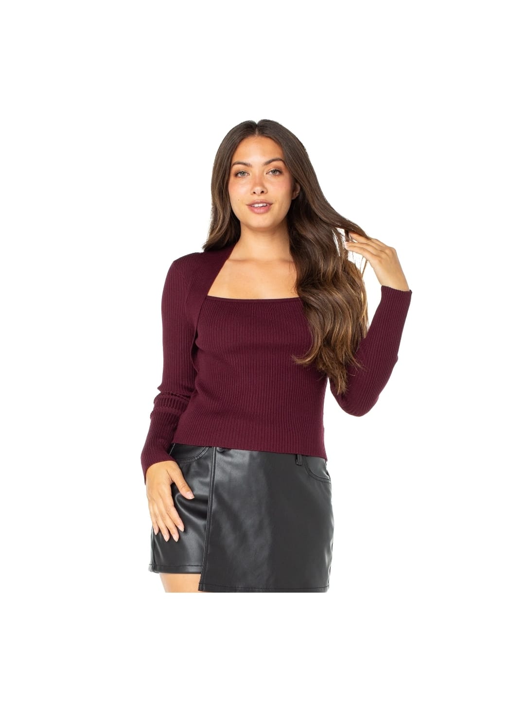 Suéter de malha canelada, macio, manga comprida, elástico