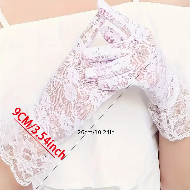 Charming Lace Yarn Gloves, Delicate Hollow Out, Short & Solid Color, Comfortable Full Finger Design