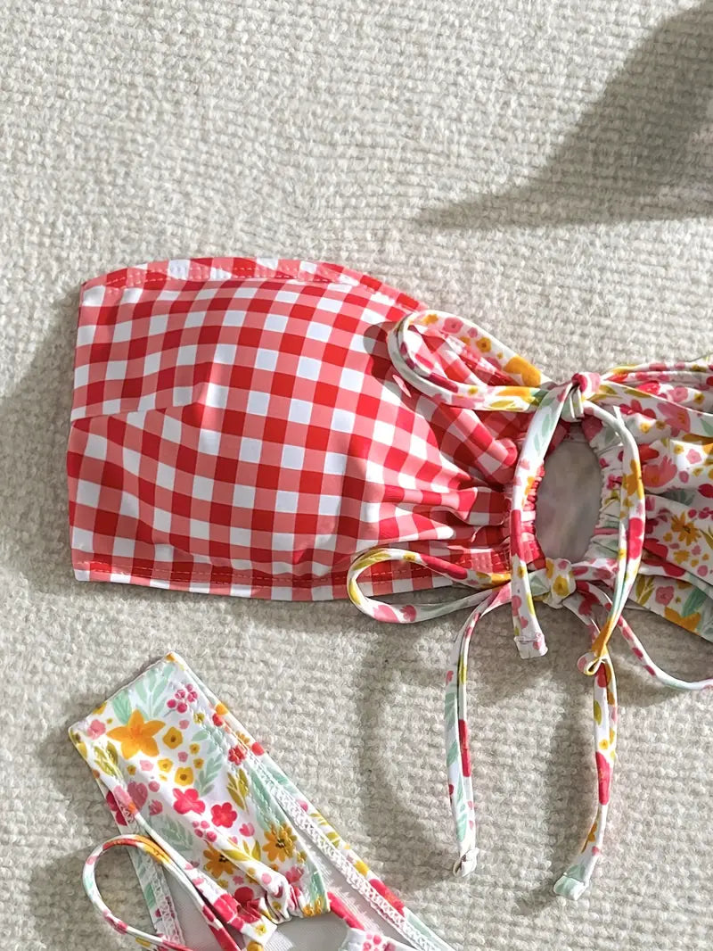 Ditsy Floral Plaid Print Patchwork Hollow Out Tie Front Bandeau Cute Kawaii 2 Piece Set Bikini, Swimsuits, Women's Swimwear & Clothing