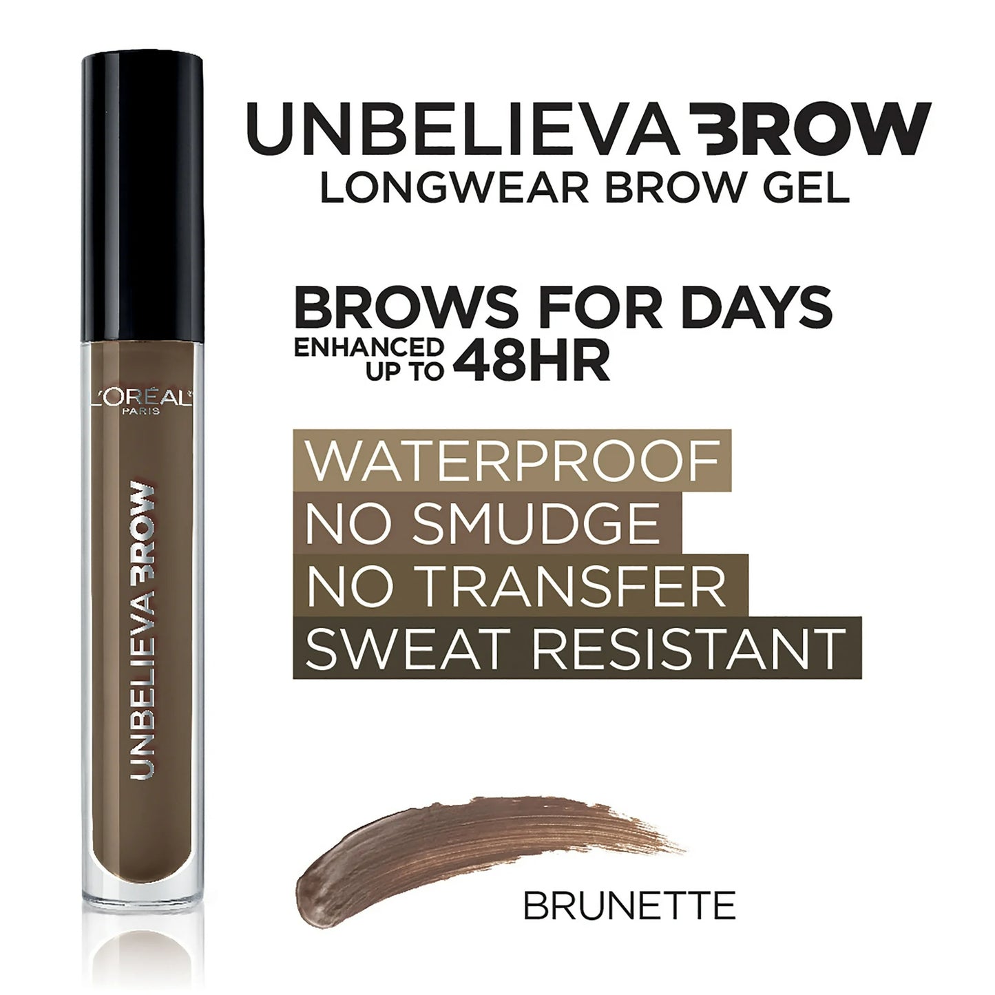 Gel para cejas con color resistente al agua y de larga duración Unbelieva-Brow de L'Oréal Paris, castaño, 0,15 fl oz