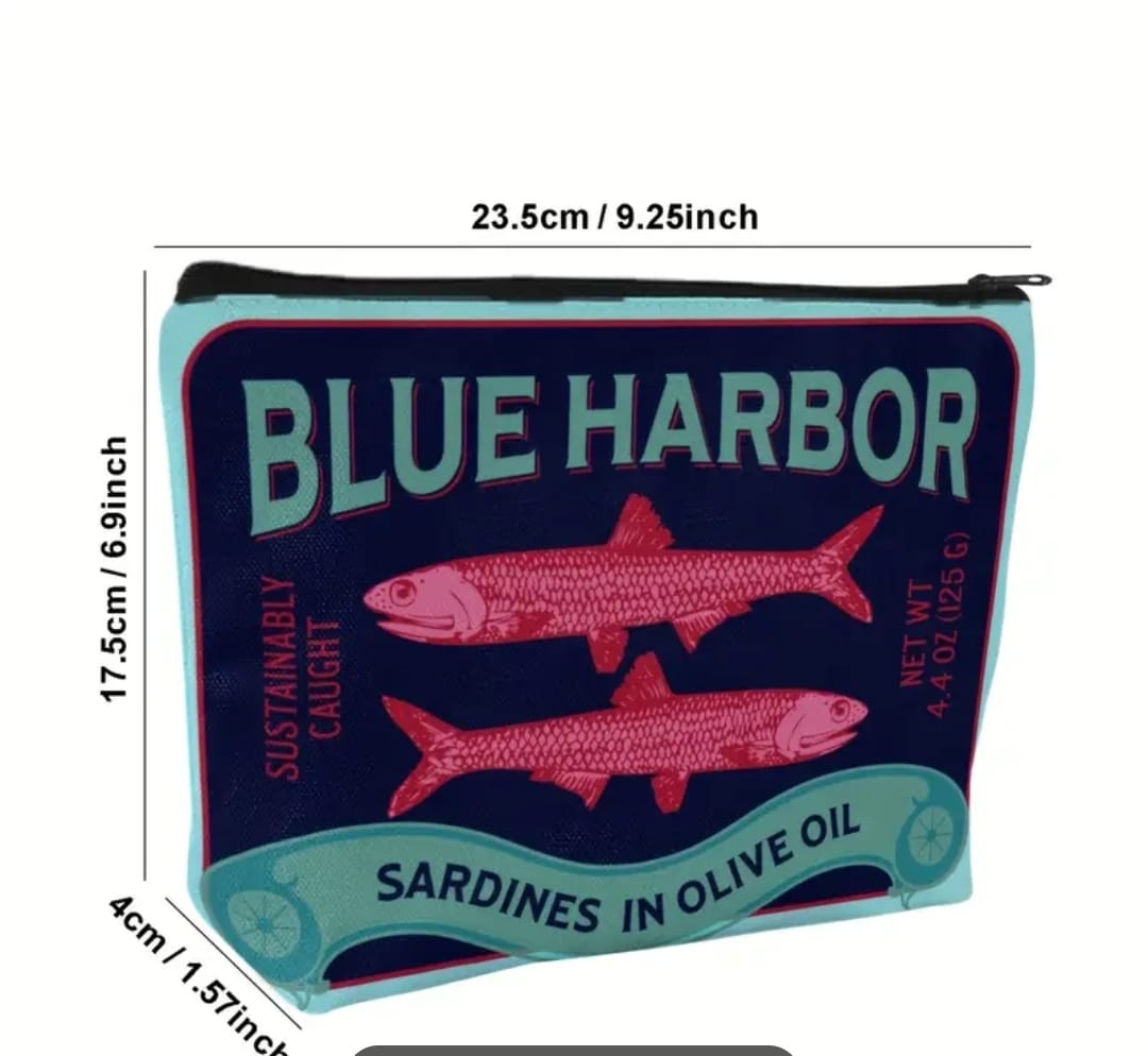 Mini neceser de lata de sardinas, Blue Harbor, estuche de lona retro con cremallera