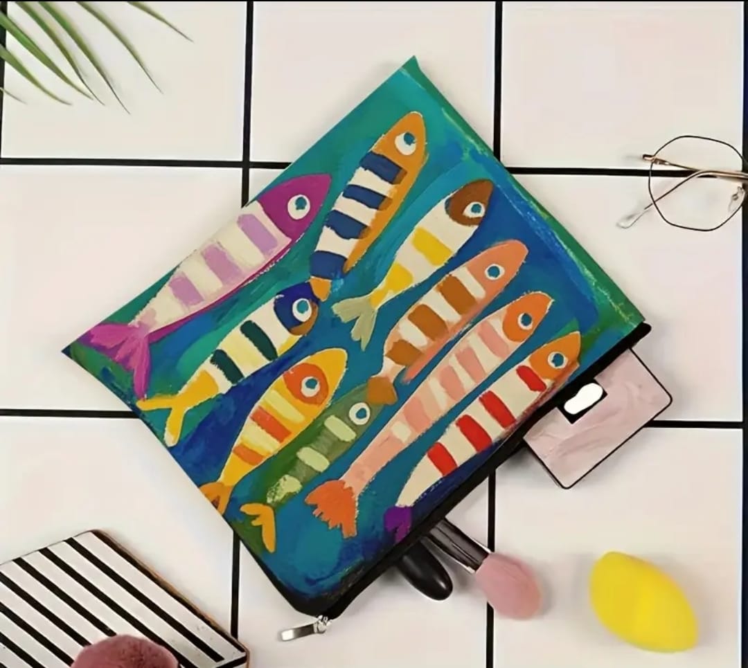 Mini bolsa de cosméticos Fishes Can, Blue Harbor, estojo de lona retrô com zíper