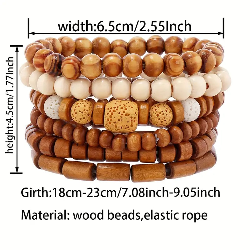 6pcs Vintage-Inspired Wooden Bead Stretchy Bracelet Set - Fashionable