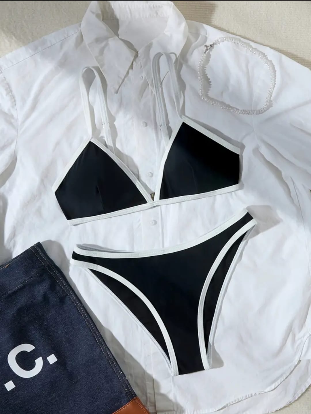 Traje de baño sexy de 2 piezas con corte bajo, color sólido con alta elasticidad.