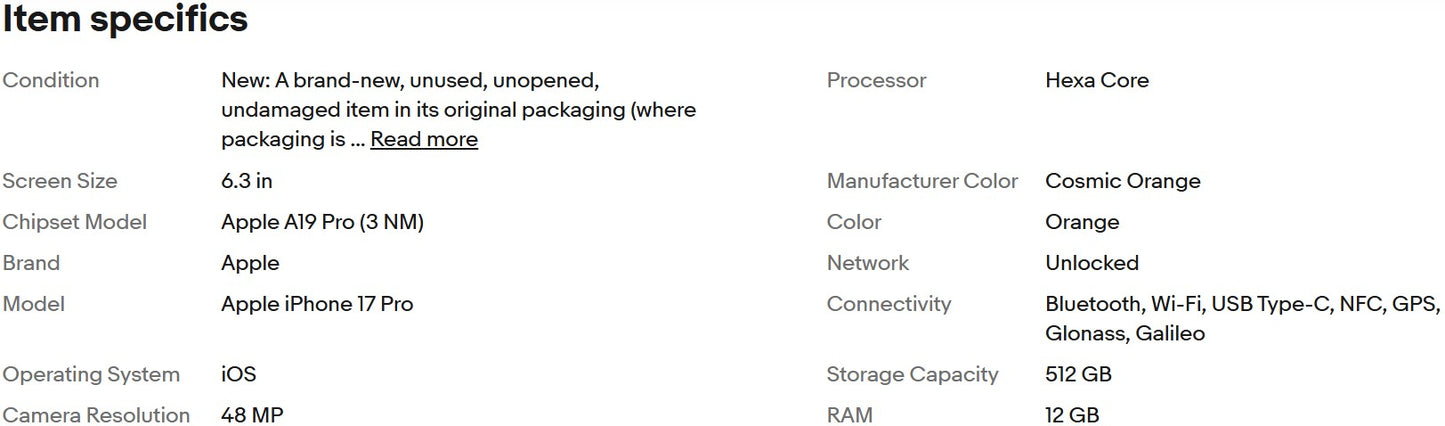 iPhone 17 Pro 512GB Laranja Cósmico, tela de 6,3 polegadas