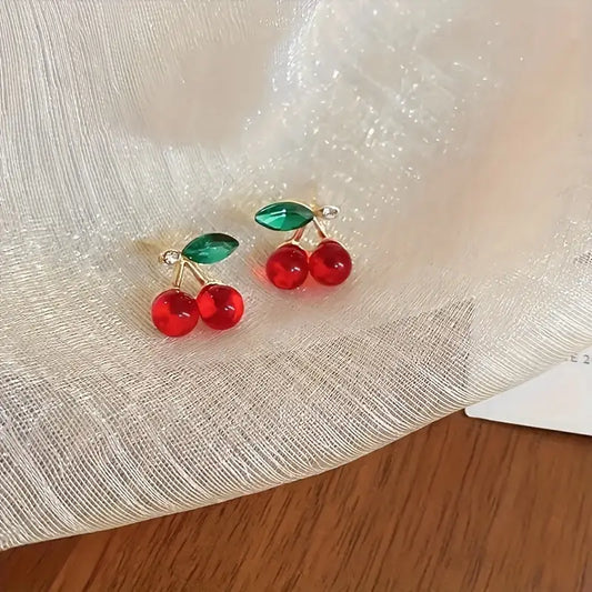 1 Pair Spring, Summer Series Cute Fruit Shaped Stud Earrings Sweet, Lovely Glass Cherry Shaped Stud Earrings