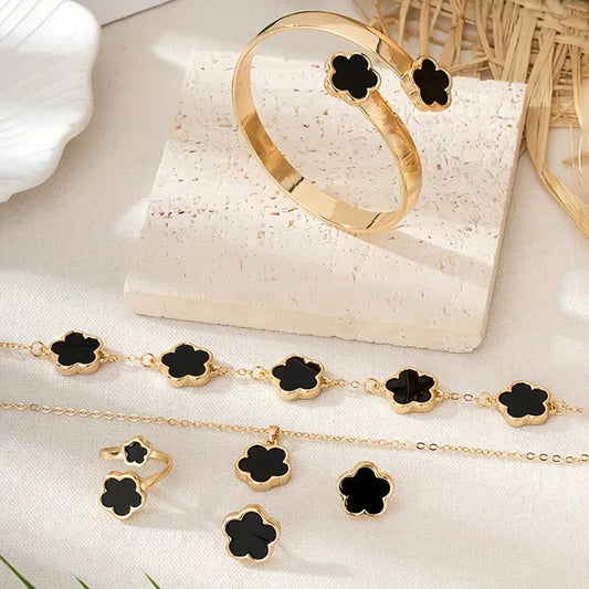 1 Pair Stud Earrings +1 Pc Necklace +1 Pc Bracelet +1 Pc Bangle +1 Pc Ring With Lucky Flower Design Alloy Jewelry