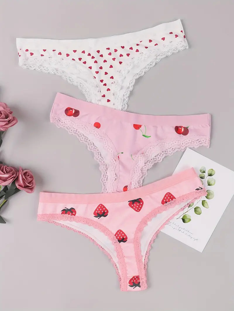 3pcs Heart & Fruit Print Thongs, Cute & Comfy Lace Trim Intimates Panties, Women's Lingerie & Underwear