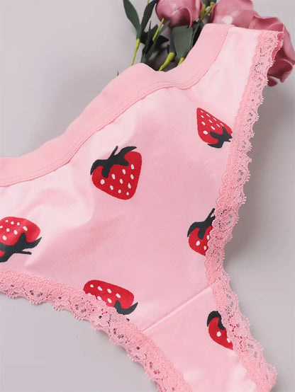 3pcs Heart & Fruit Print Thongs, Cute & Comfy Lace Trim Intimates Panties, Women's Lingerie & Underwear