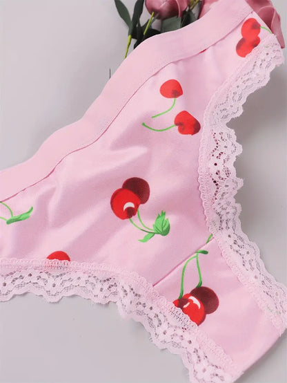 3pcs Heart & Fruit Print Thongs, Cute & Comfy Lace Trim Intimates Panties, Women's Lingerie & Underwear