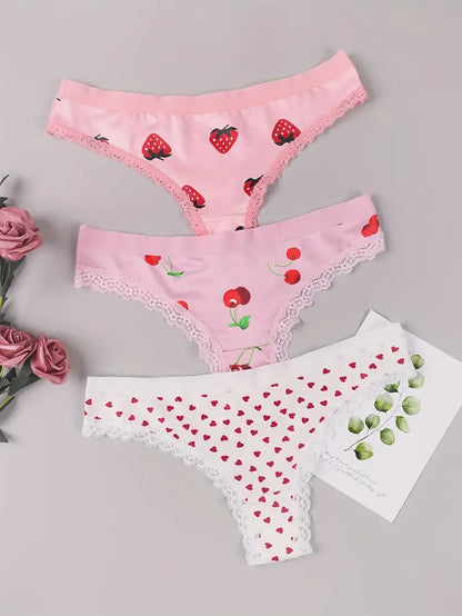 3pcs Heart & Fruit Print Thongs, Cute & Comfy Lace Trim Intimates Panties, Women's Lingerie & Underwear