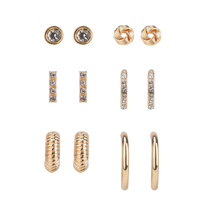 Adult Women's Gold Tone 6 Pair Stud and Hoop Crystal Metal Earring Set