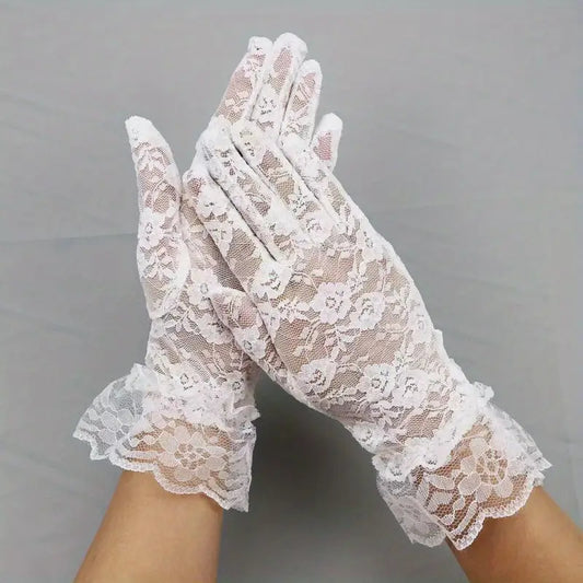 Charming Lace Yarn Gloves, Delicate Hollow Out, Short & Solid Color, Comfortable Full Finger Design