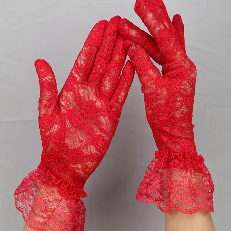 Charming Lace Yarn Gloves, Delicate Hollow Out, Short & Solid Color, Comfortable Full Finger Design