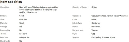 Boné feminino Nine West New Leopard em veludo cotelê, marrom/preto.