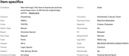 Pantalones cargo de tejido cepillado Victoria's Secret Pink, nuevos con etiqueta, forro color caramelo