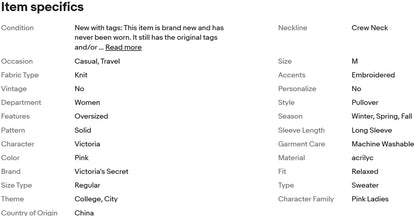 Suéter negro de chenilla extragrande rosa de Victoria's Secret para mujer
