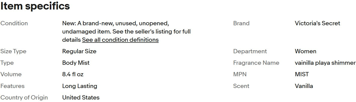 Victoria's Secret Shimmer Fragrance Mist, perfumed brume 250ml