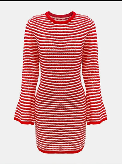 Vestido Casual de Rayas con Cuello Redondo y Manga Larga