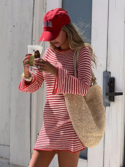 Vestido Casual de Rayas con Cuello Redondo y Manga Larga