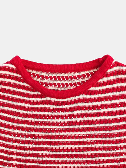 Vestido Casual de Rayas con Cuello Redondo y Manga Larga