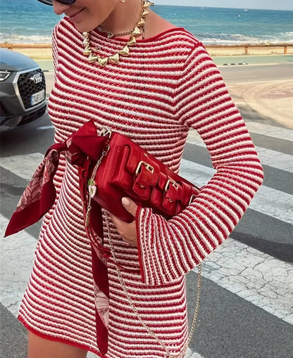 Vestido Casual de Rayas con Cuello Redondo y Manga Larga