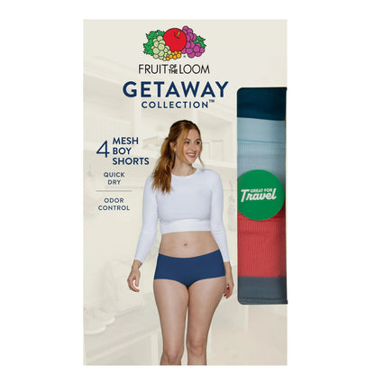 Fruit of the Loom Women's Getaway Collection, Cooling Mesh Boy Short Underwear, 4-Pack