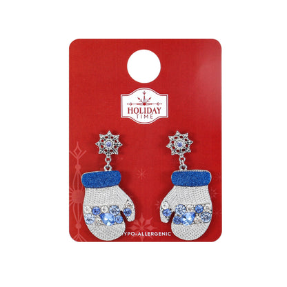 Holiday Time Silvertone and Blue Mitten Earrings, 1 Pair