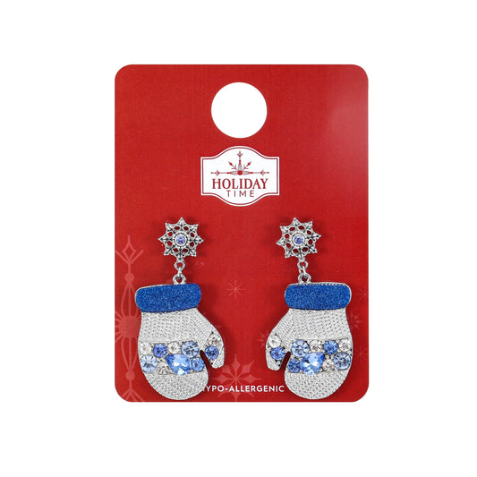 Holiday Time Silvertone and Blue Mitten Earrings, 1 Pair