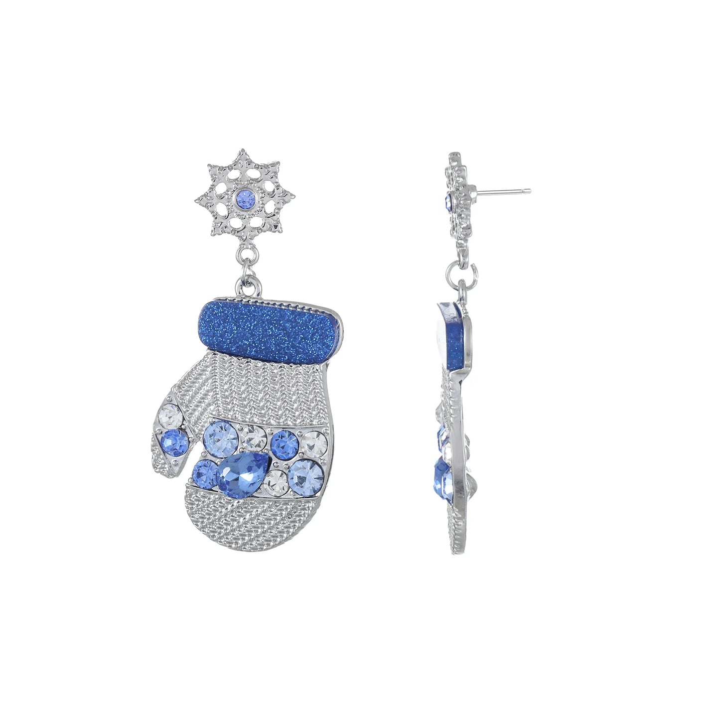 Holiday Time Silvertone and Blue Mitten Earrings, 1 Pair