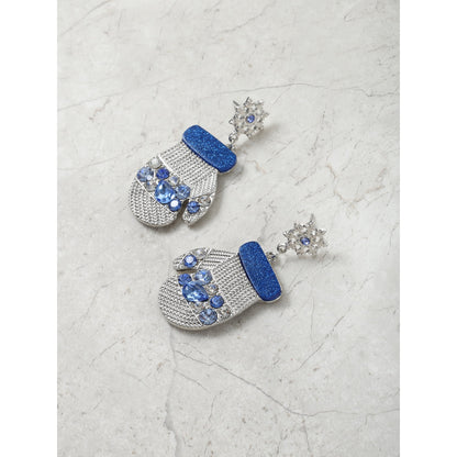 Holiday Time Silvertone and Blue Mitten Earrings, 1 Pair