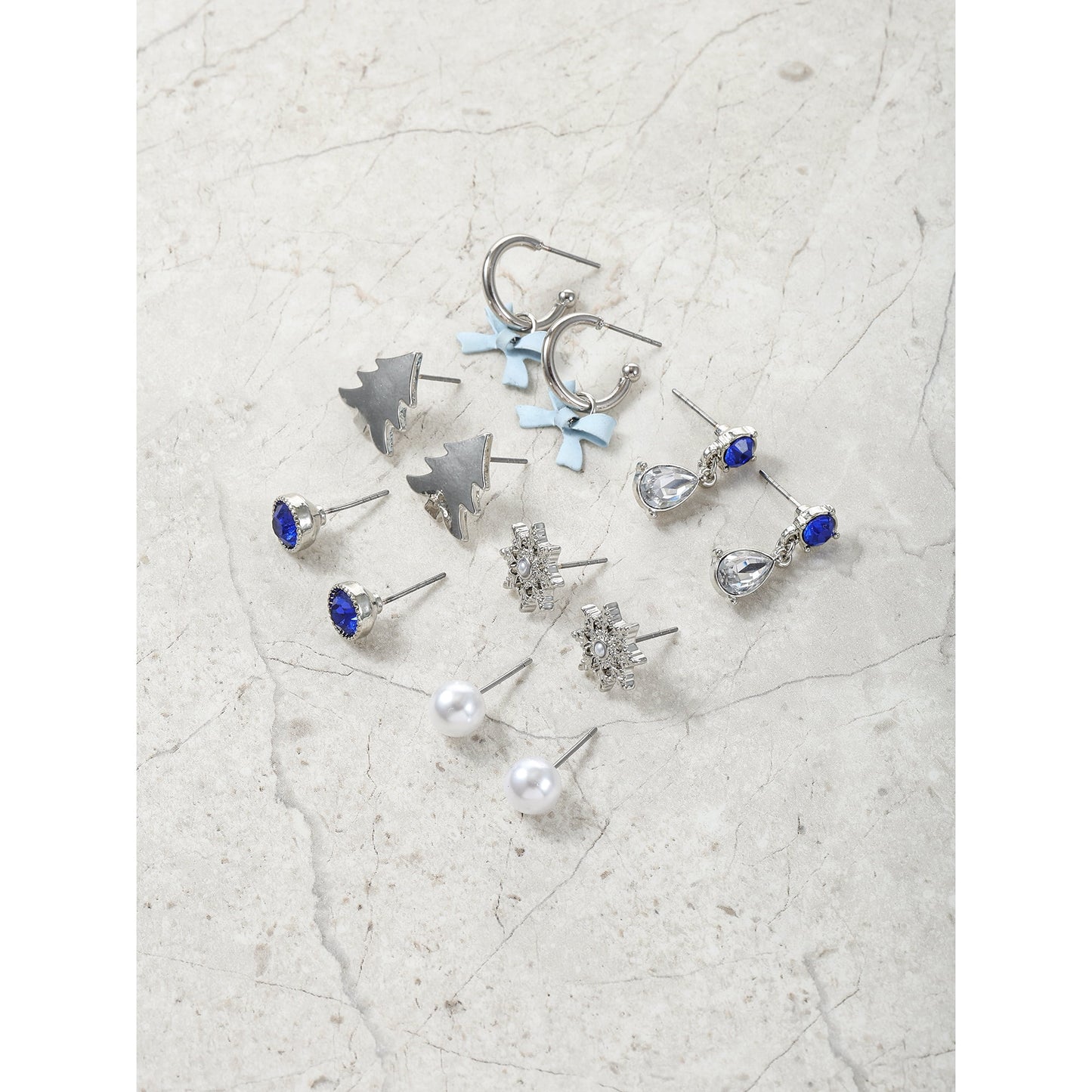 Holiday Time Women's Silvertone Christmas Motif Earrings, Blue, 6 Pairs