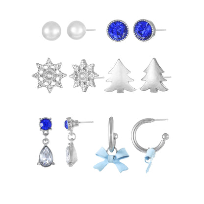 Holiday Time Women's Silvertone Christmas Motif Earrings, Blue, 6 Pairs