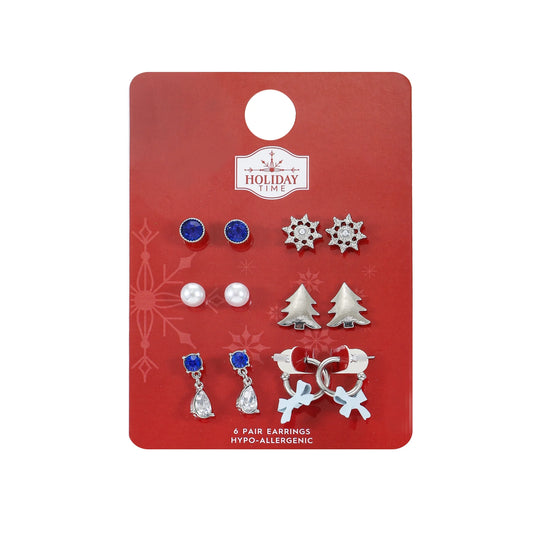 Holiday Time Women's Silvertone Christmas Motif Earrings, Blue, 6 Pairs