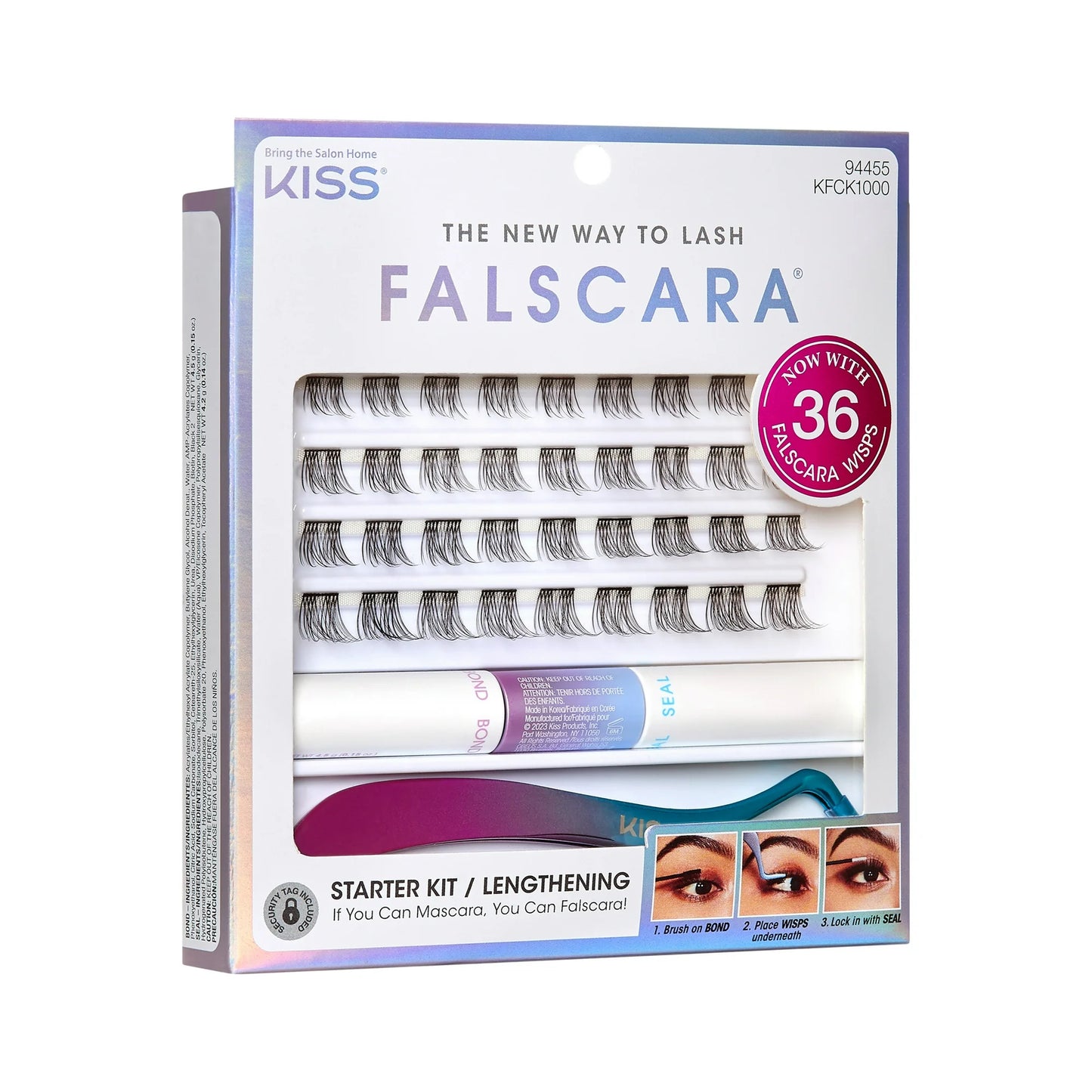 KISS Falscara Starter Kit, Lash Extension Kit, Lengthening Wisps, 10mm-12mm, 36 Lash Clusters