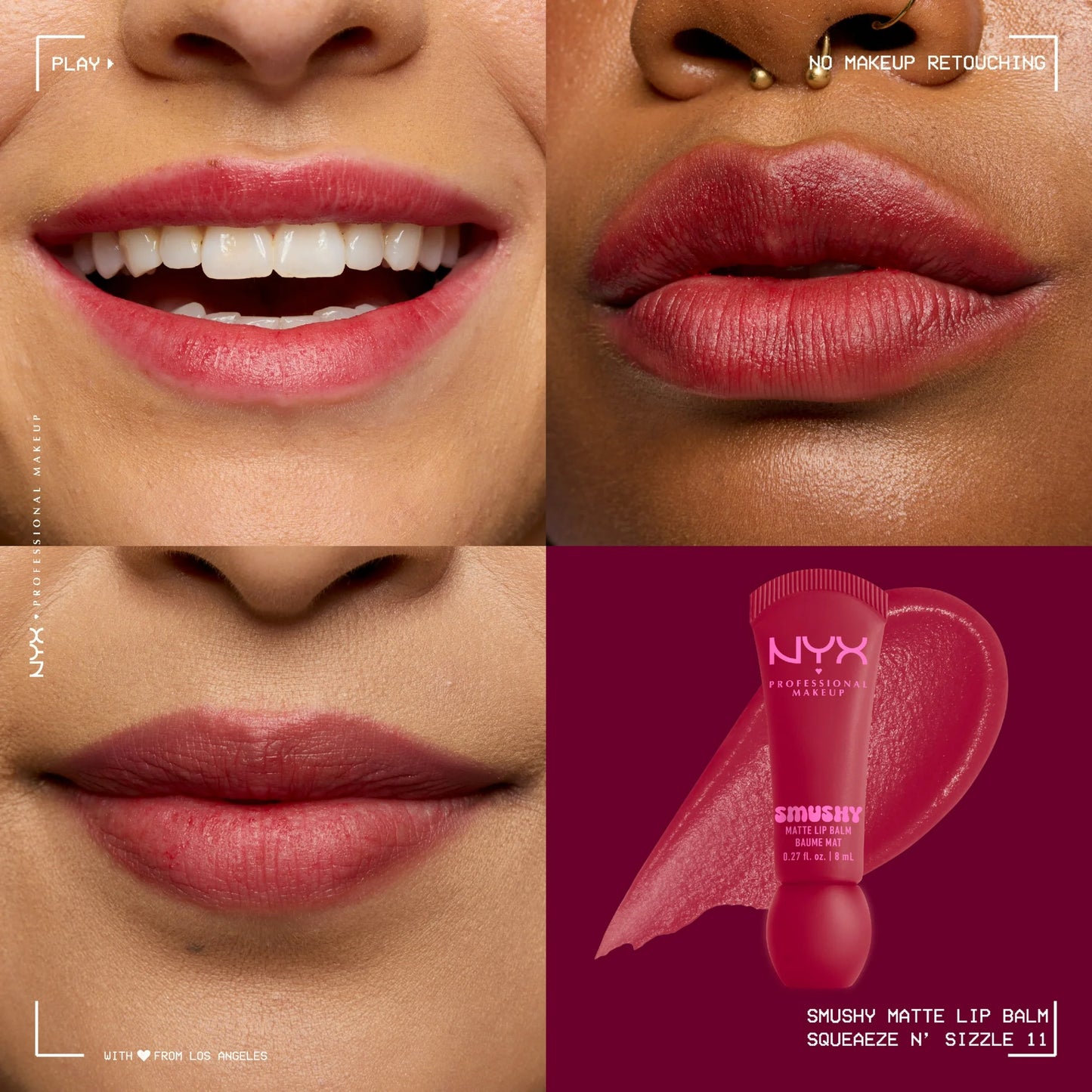 Bálsamo labial ligero mate Smushy de NYX Professional Makeup con ceramidas hidratantes de azúcar y lípidos, Squeeze N' Sizzle, rojo cereza mate, 0.27 fl oz