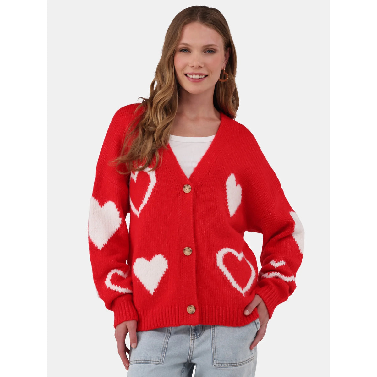 Button-Front Heart-Print Cardigan, Midweight, Women