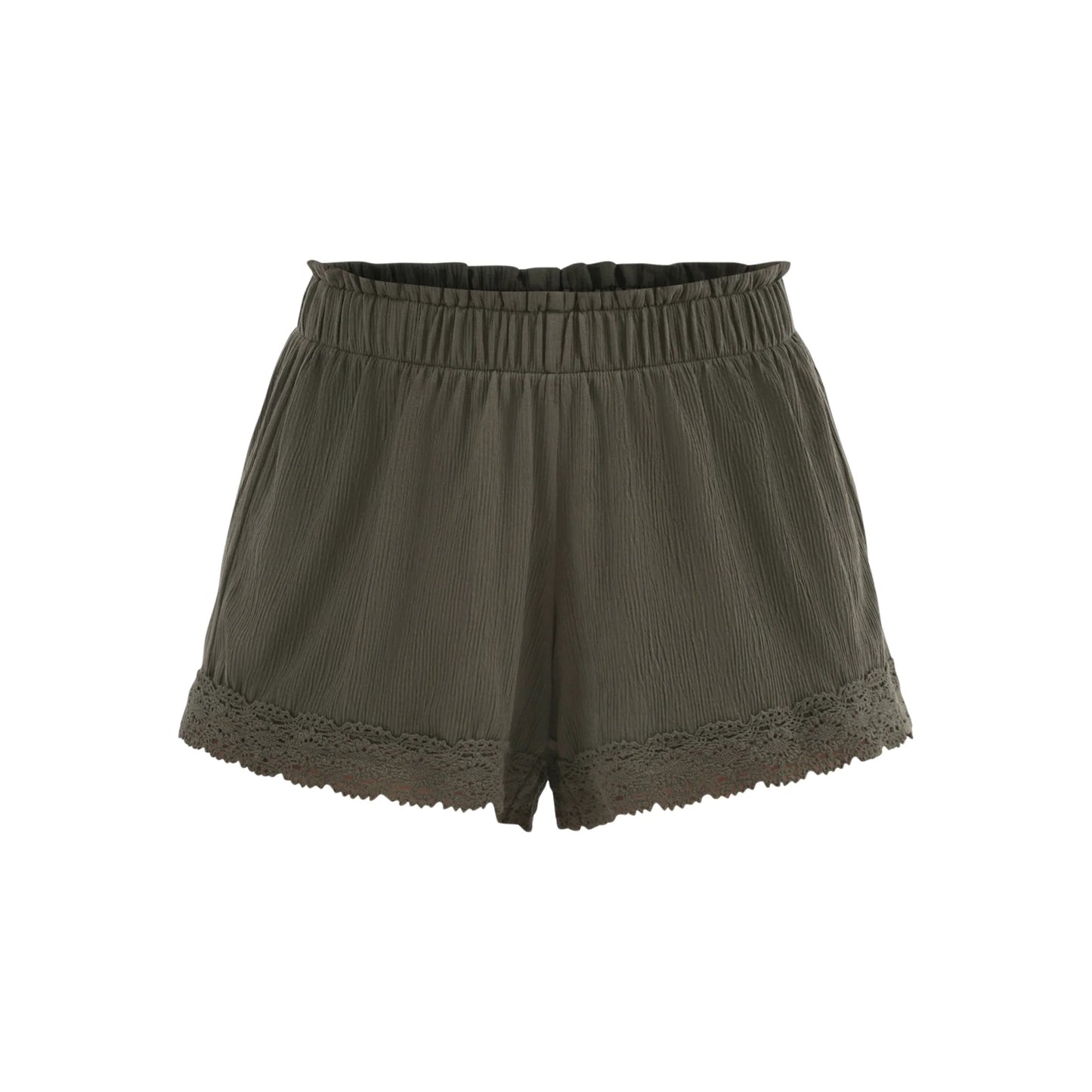 Shorts amassados ​​com acabamento em crochê, 3,75" de comprimento interno, feminino