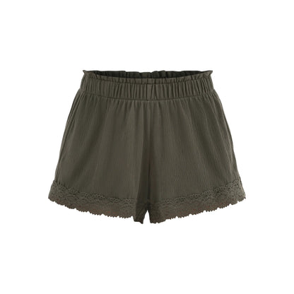 Shorts amassados ​​com acabamento em crochê, 3,75" de comprimento interno, feminino