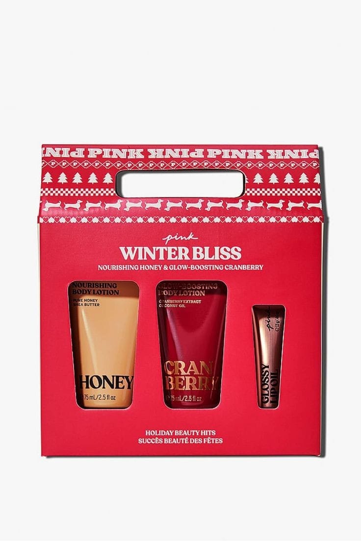 Set de regalo de belleza Winter Bliss de Victoria's Secret PINK x 3 con miel, arándano y aceite para labios