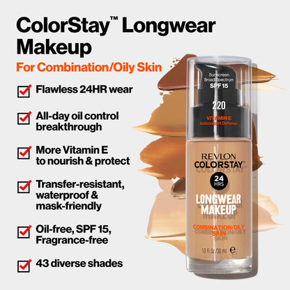 Revlon ColorStay Liquid Foundation Makeup, Matte Finish, Combination/Oily Skin, SPF 15, 1 fl oz.