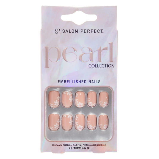 Salon Perfect Artificial Press On Nails, 168 Pearl Floral, Short Square Glue On Fake Nails, File & Nail Glue Included, 30 Nails