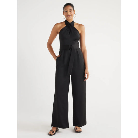 Scoop Women's Wrap Halter Satin Jumpsuit with Wide Leg, 32” Inseam