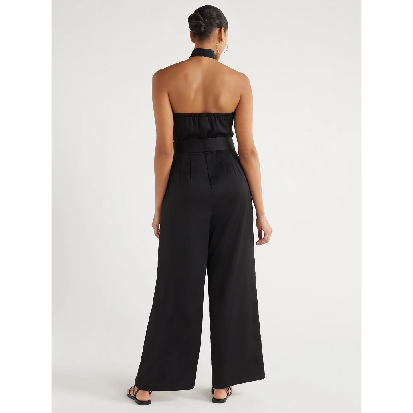 Scoop Women's Wrap Halter Satin Jumpsuit with Wide Leg, 32” Inseam