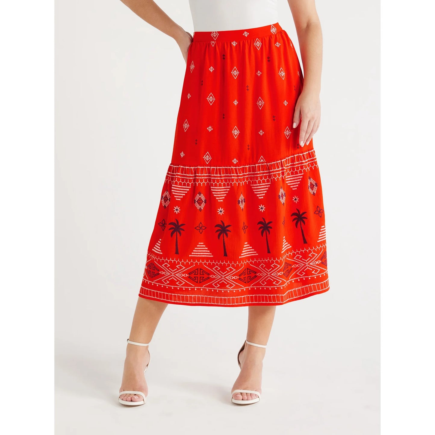 Sofia Jeans Women's Border Embroidery Skirt, Mid Calf Length