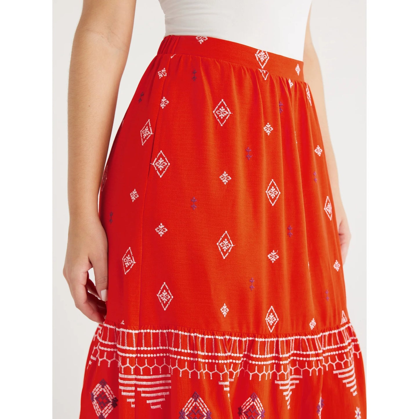 Sofia Jeans Women's Border Embroidery Skirt, Mid Calf Length