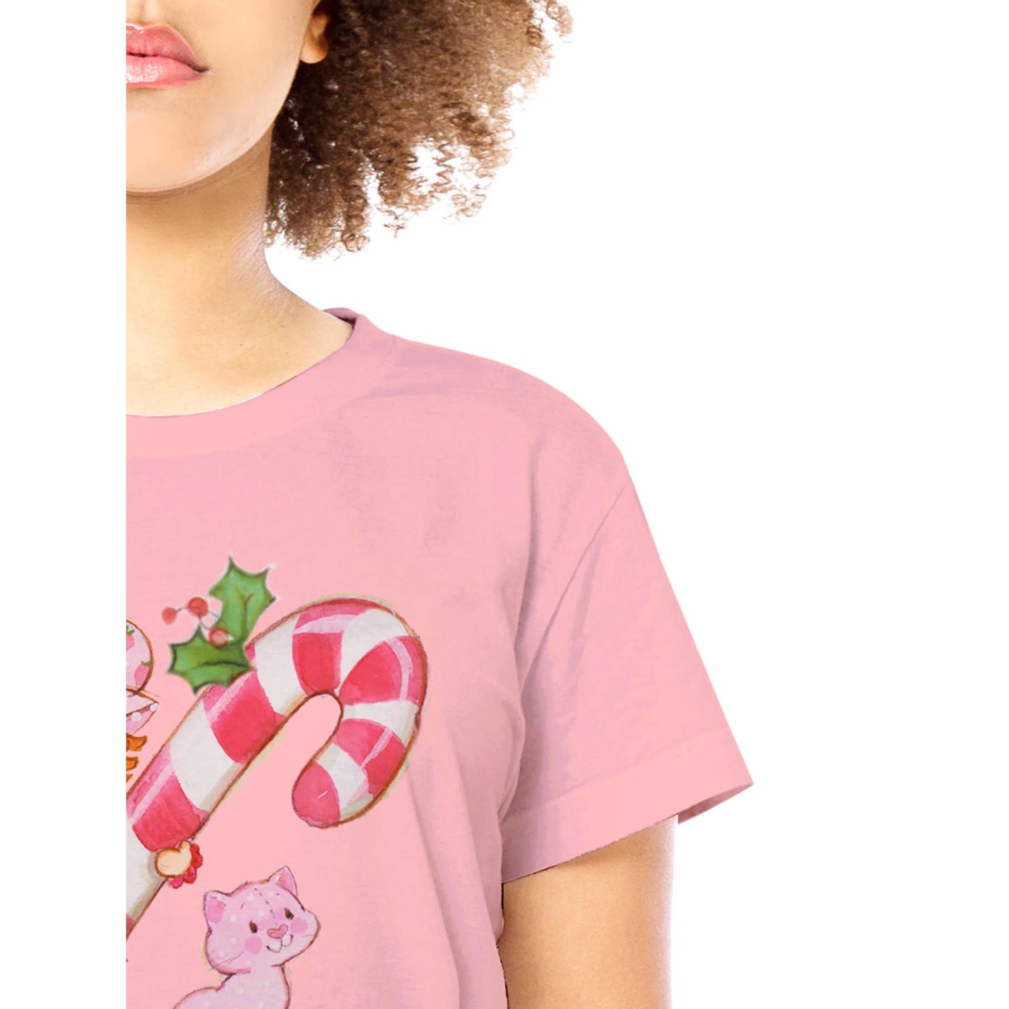 Camiseta feminina de manga curta com estampa de morango e gola redonda