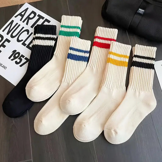 6 Pairs Striped Pattern Mid-calf Crew Socks, Breathable Comfy Casual Socks All-match Fashion Sports Socks For Spring Summer