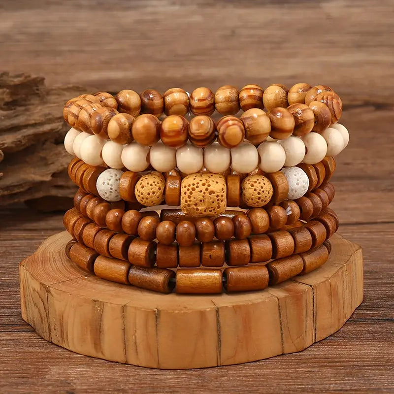 6pcs Vintage-Inspired Wooden Bead Stretchy Bracelet Set - Fashionable